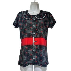 Ink N Burn Running T-shirt Women’s Size M Red Roses Black Grey Lace Faux Belted